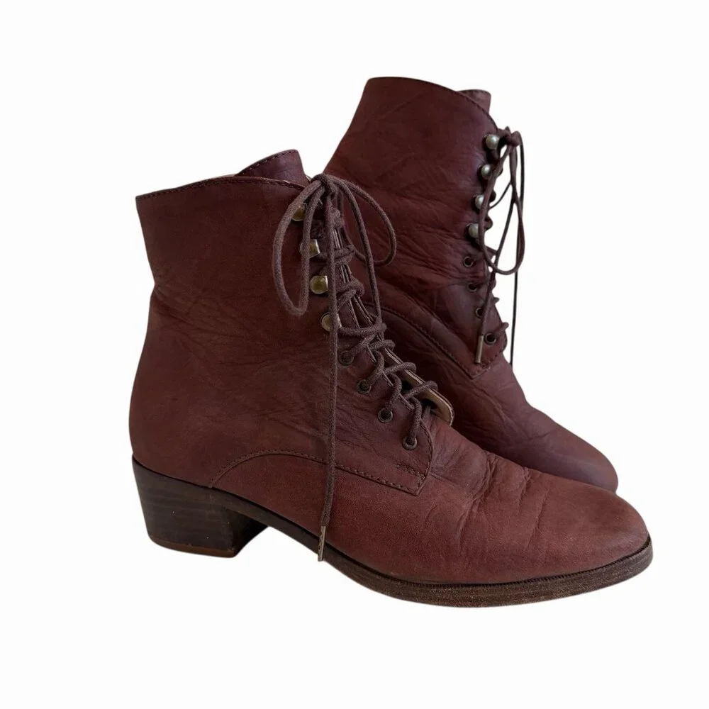 Christy Dawn The Dawn Boot Mahogany Soft Leather Lace Up Stacked Heel Boot 8 - Picture 1 of 12